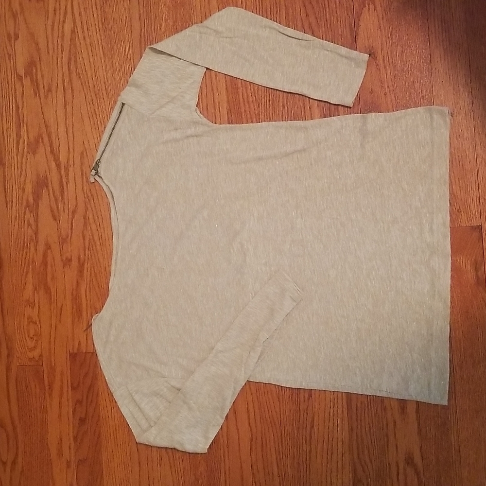 LOFT long sleeve Tan boatneck tshirt with zipper detail